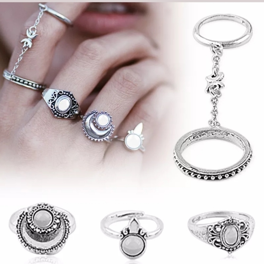 4pc set Boho Moon midi Ring set with chain ring